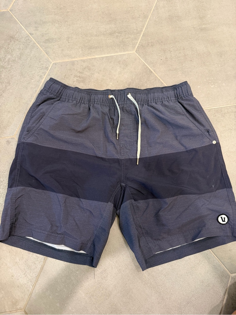 Vuori Men's Navy and Dark Navy Striped Athletic Shorts